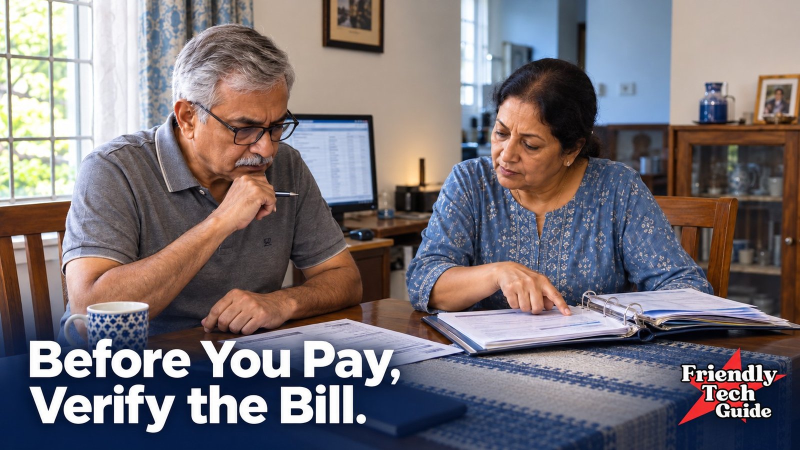 Two older adults reviewing a paper bill and binder together. Text: Before You Pay, Verify the Bill.