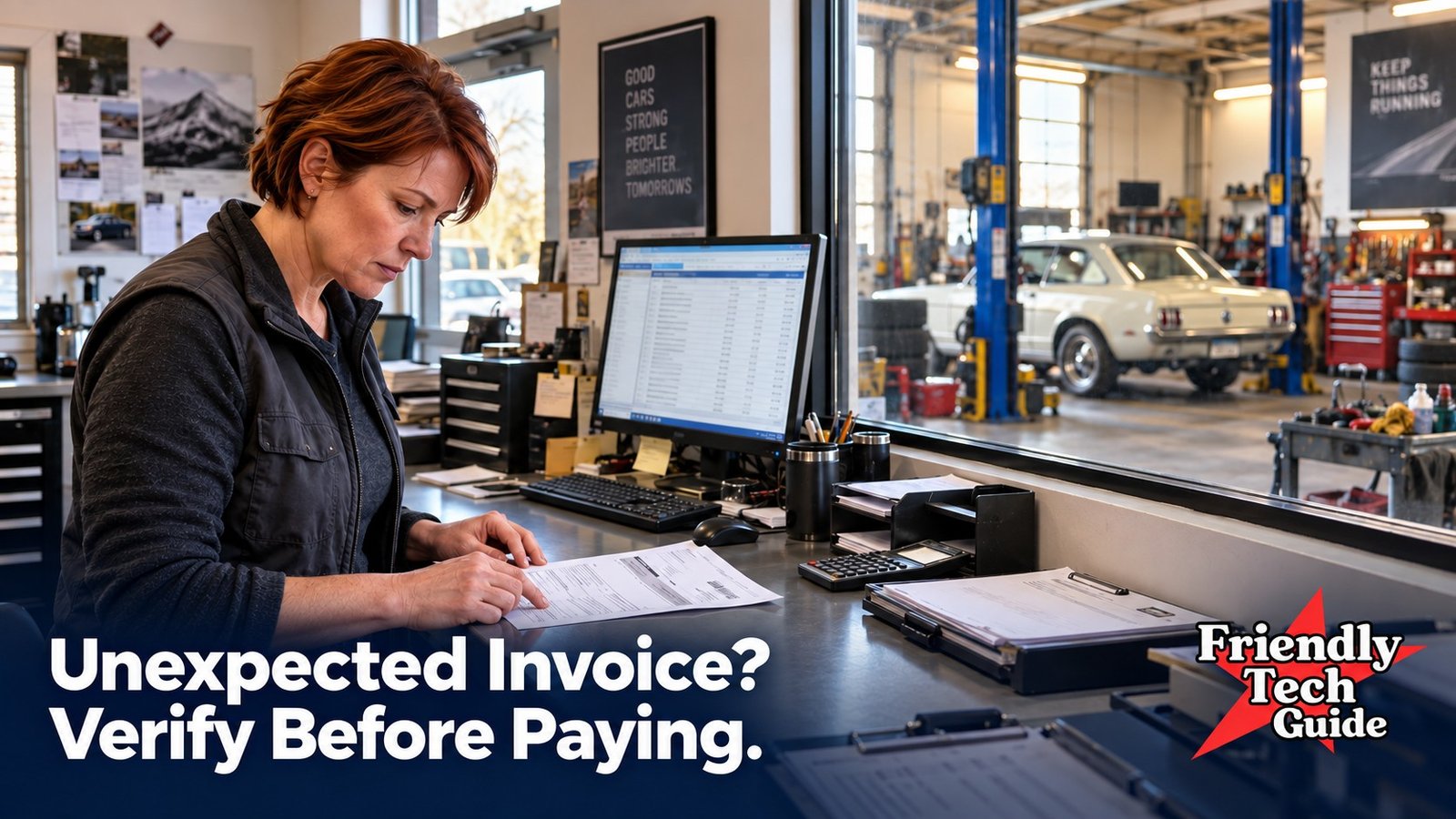 Red-haired woman comparing an invoice with paperwork in a repair shop. Graphic text: Unexpected Invoice? Verify Before Paying. Friendly Tech Guide logo.