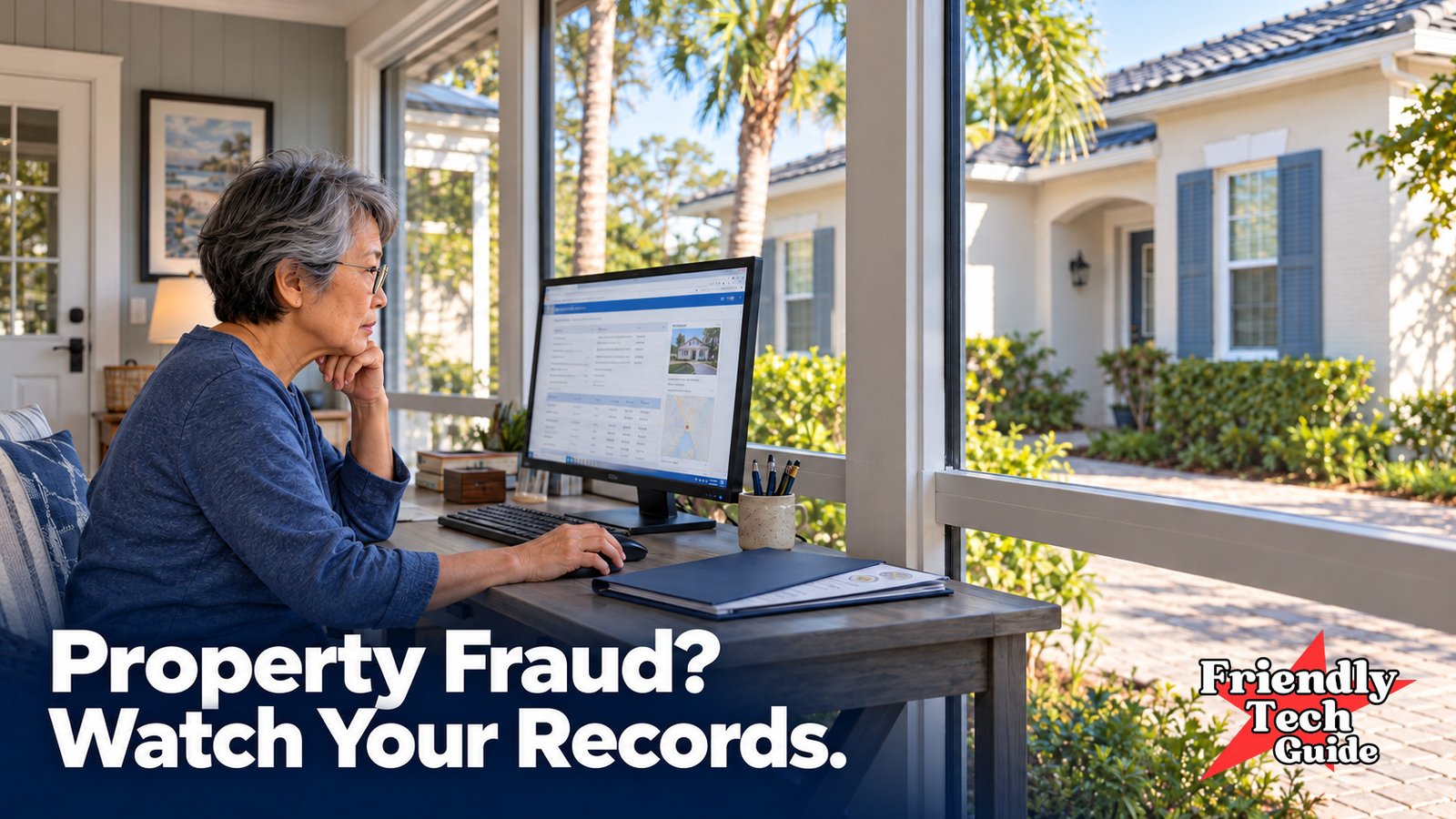 Woman reviewing a computer screen beside a window overlooking a home. Text: Property Fraud? Watch Your Records.