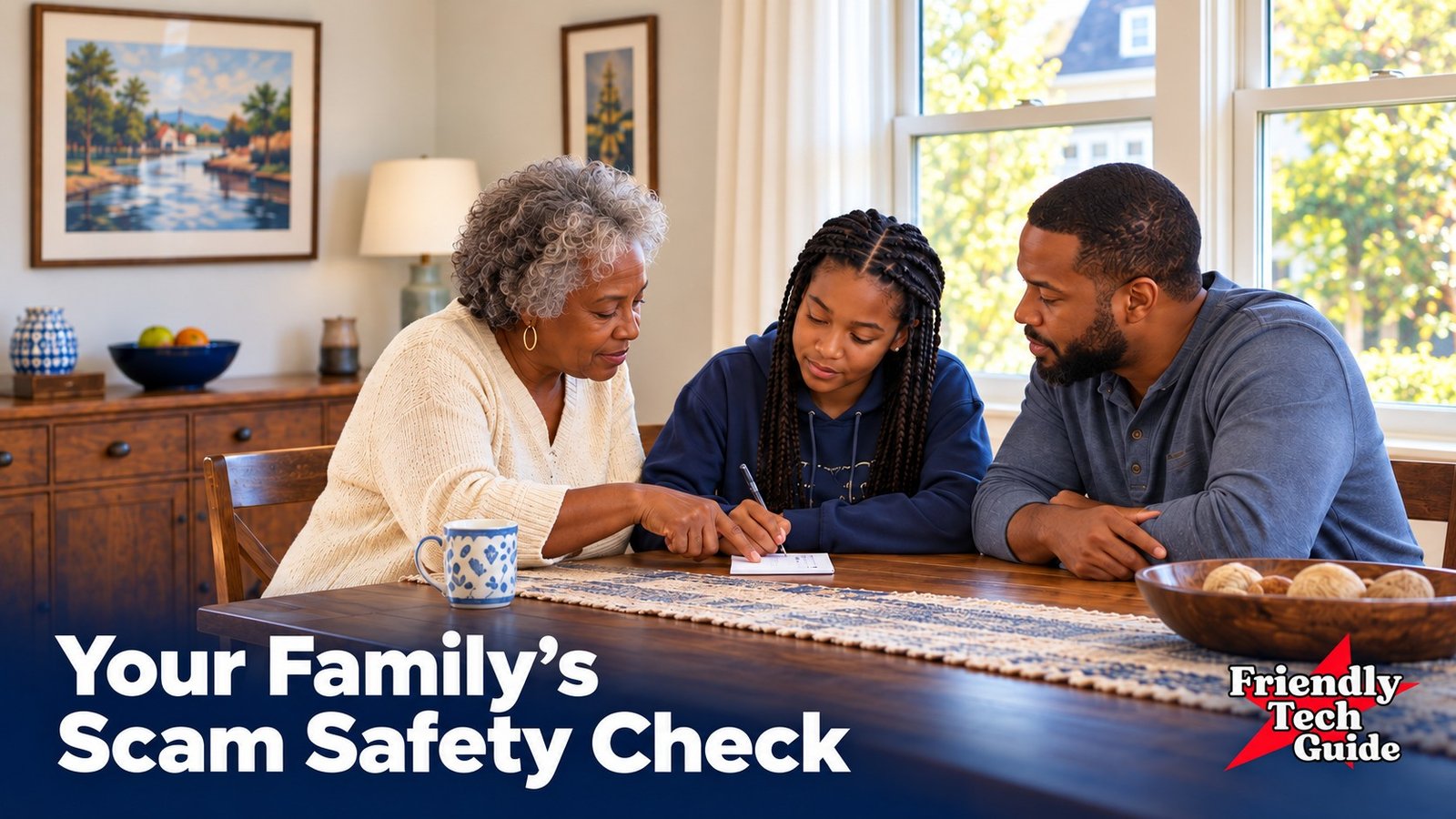 Three adults reviewing a paper together at a dining table. Text: Your Family’s Scam Safety Check