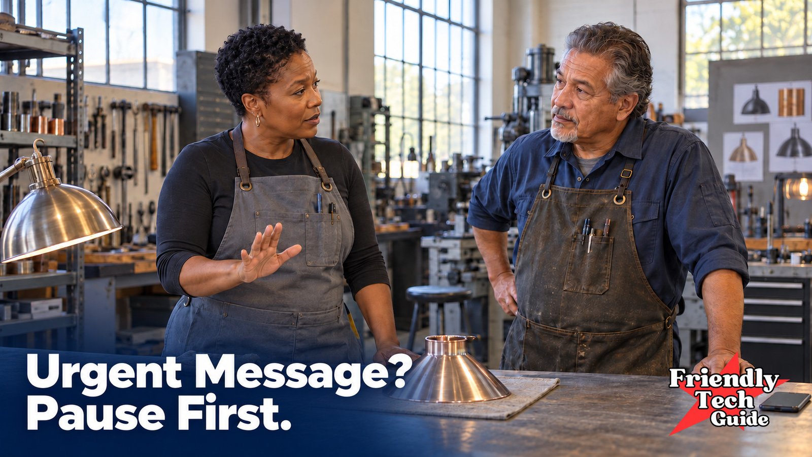 Woman raising a hand while talking with a man across a workshop bench. Text: Urgent Message? Pause First.