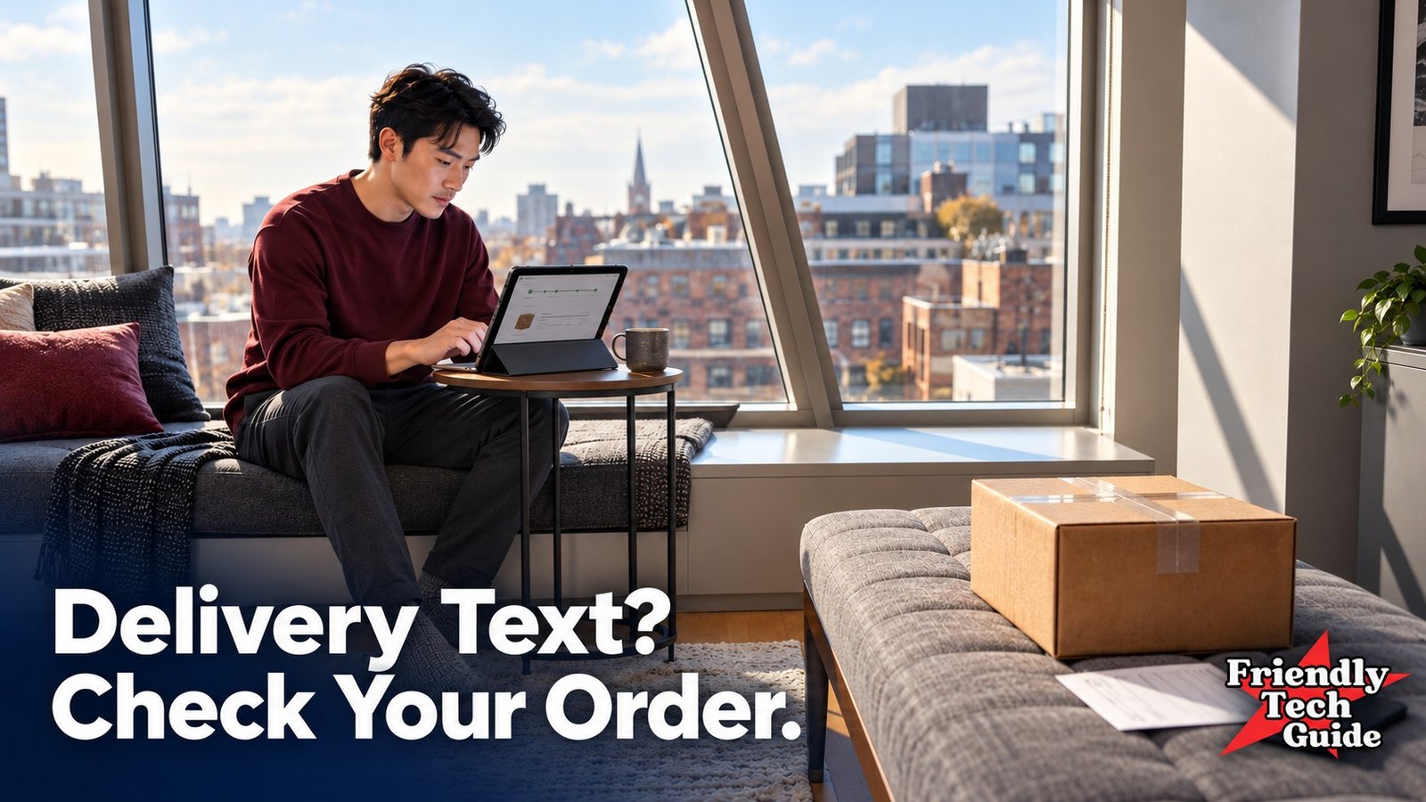 Man using a laptop beside a window, with a delivery parcel nearby. Graphic text: Delivery Text? Check Your Order. Friendly Tech Guide logo.