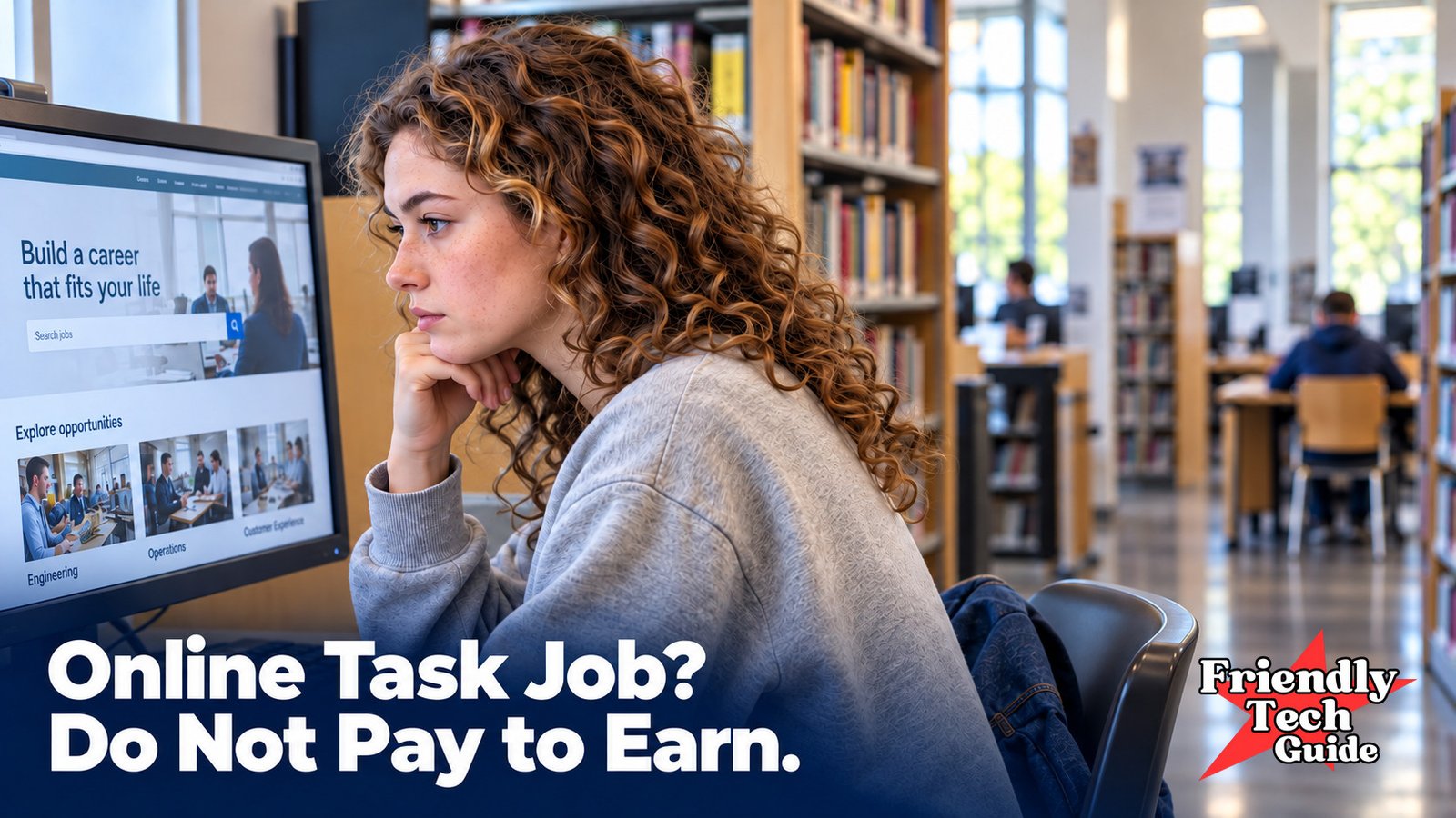 Woman reviewing a job-search page on a library computer. Text: Online Task Job? Do Not Pay to Earn.