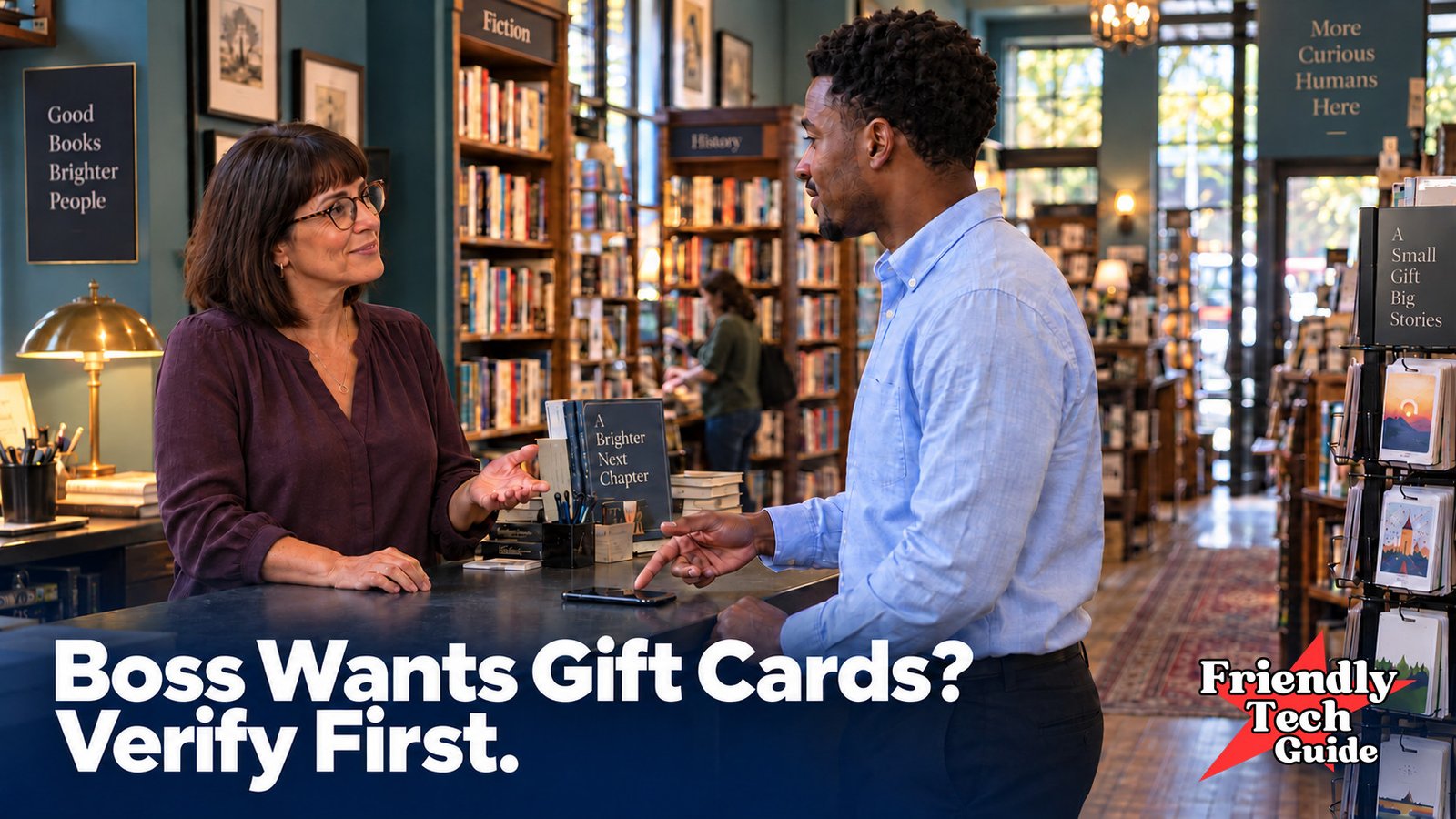 Two adults discussing a phone on a bookstore counter. Text: Boss Wants Gift Cards? Verify First.