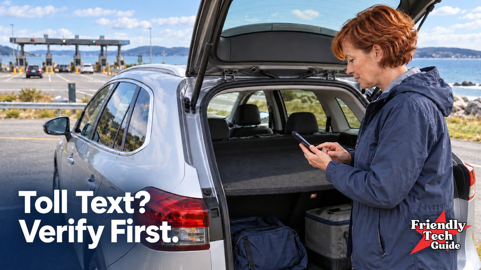 Woman looking at a phone beside an open car trunk near a toll plaza. Graphic text: Toll Text? Verify First. Friendly Tech Guide logo.
