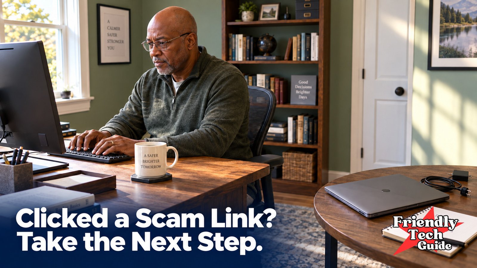 Man working at a desktop computer with a notebook nearby. Text: Clicked a Scam Link? Take the Next Step.