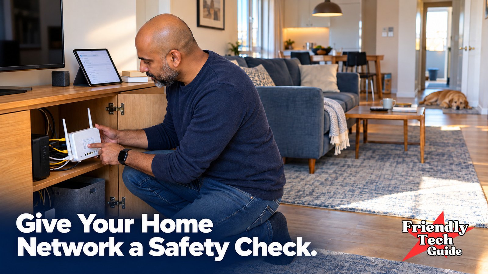 Man checking a home router inside a cabinet. Text: Give Your Home Network a Safety Check.