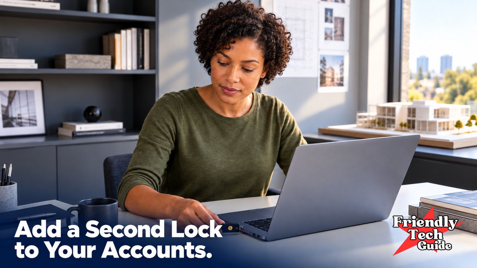 Woman inserting a USB security key into a laptop. Text: Add a Second Lock to Your Accounts.