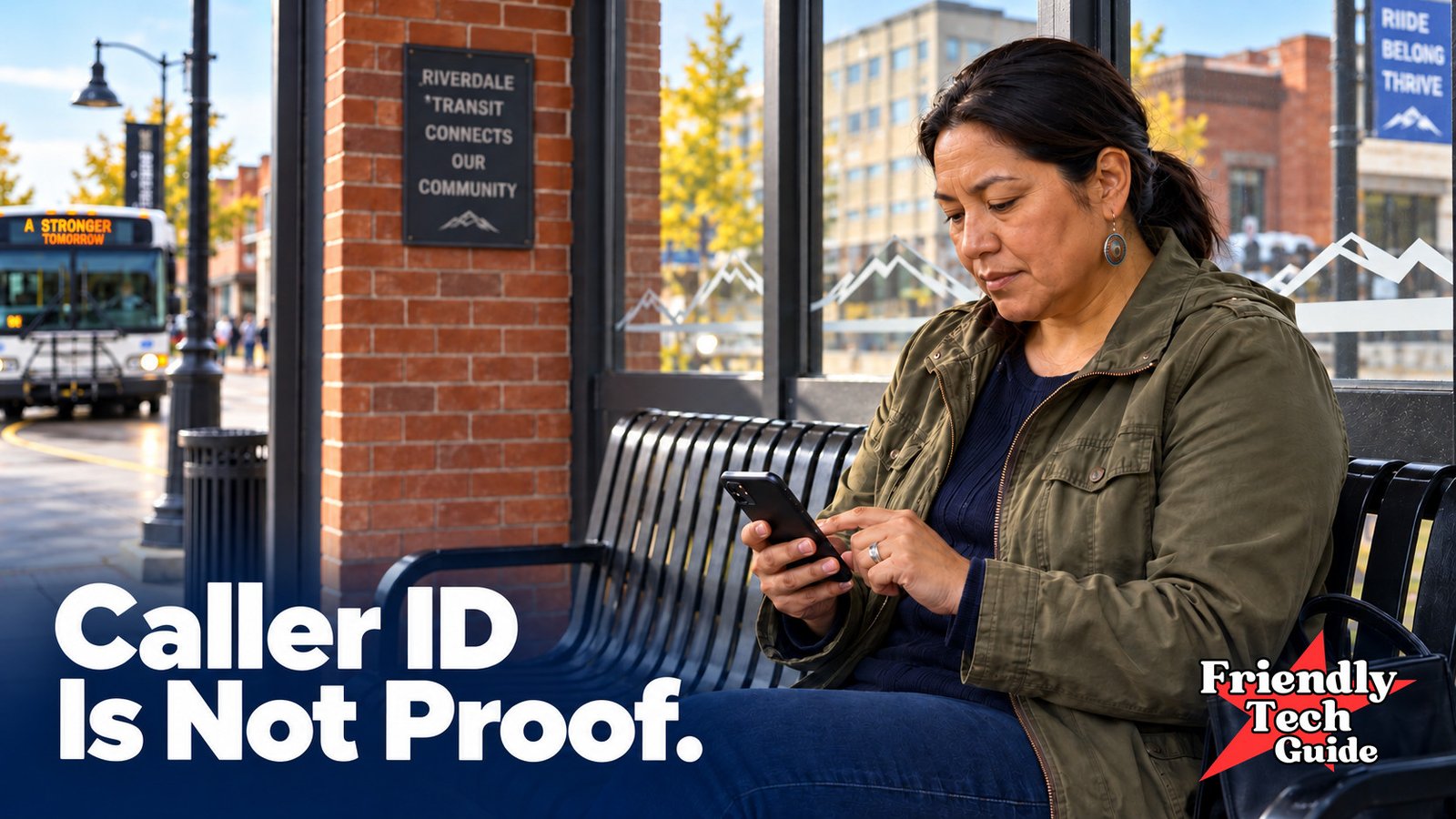 Woman checking her phone on a bench at a bus stop. Text: Caller ID Is Not Proof.