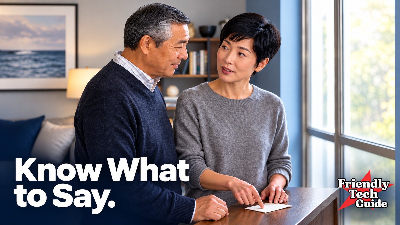 Two adults discussing a paper together beside a window. Graphic text: Know What to Say. Friendly Tech Guide logo.