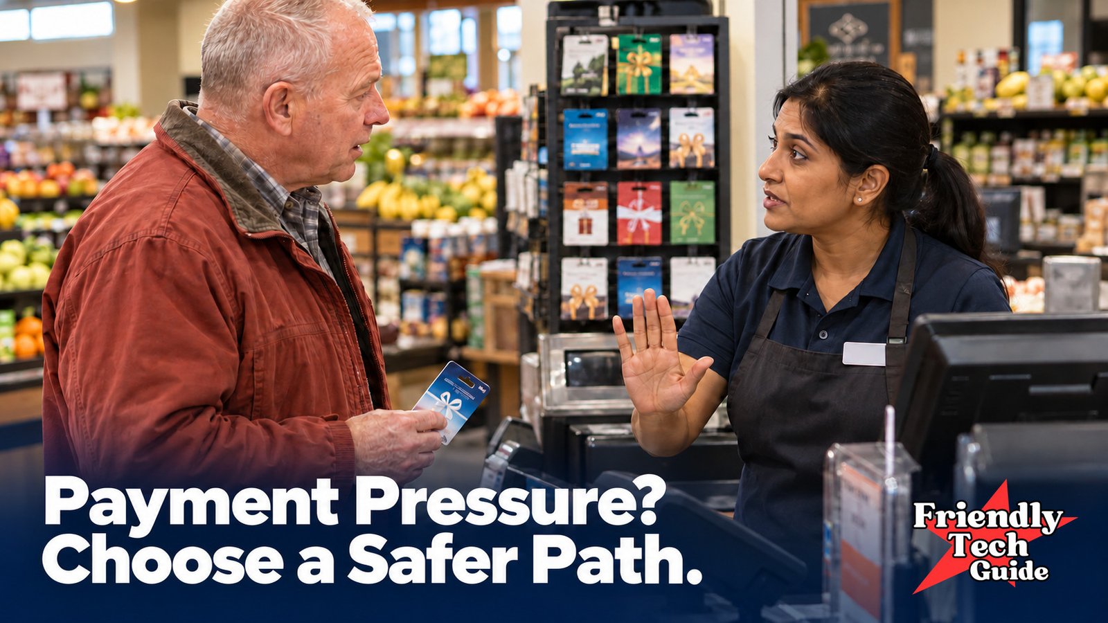 Woman raising a hand as a man holds a gift card at a shop checkout. Text: Payment Pressure? Choose a Safer Path.