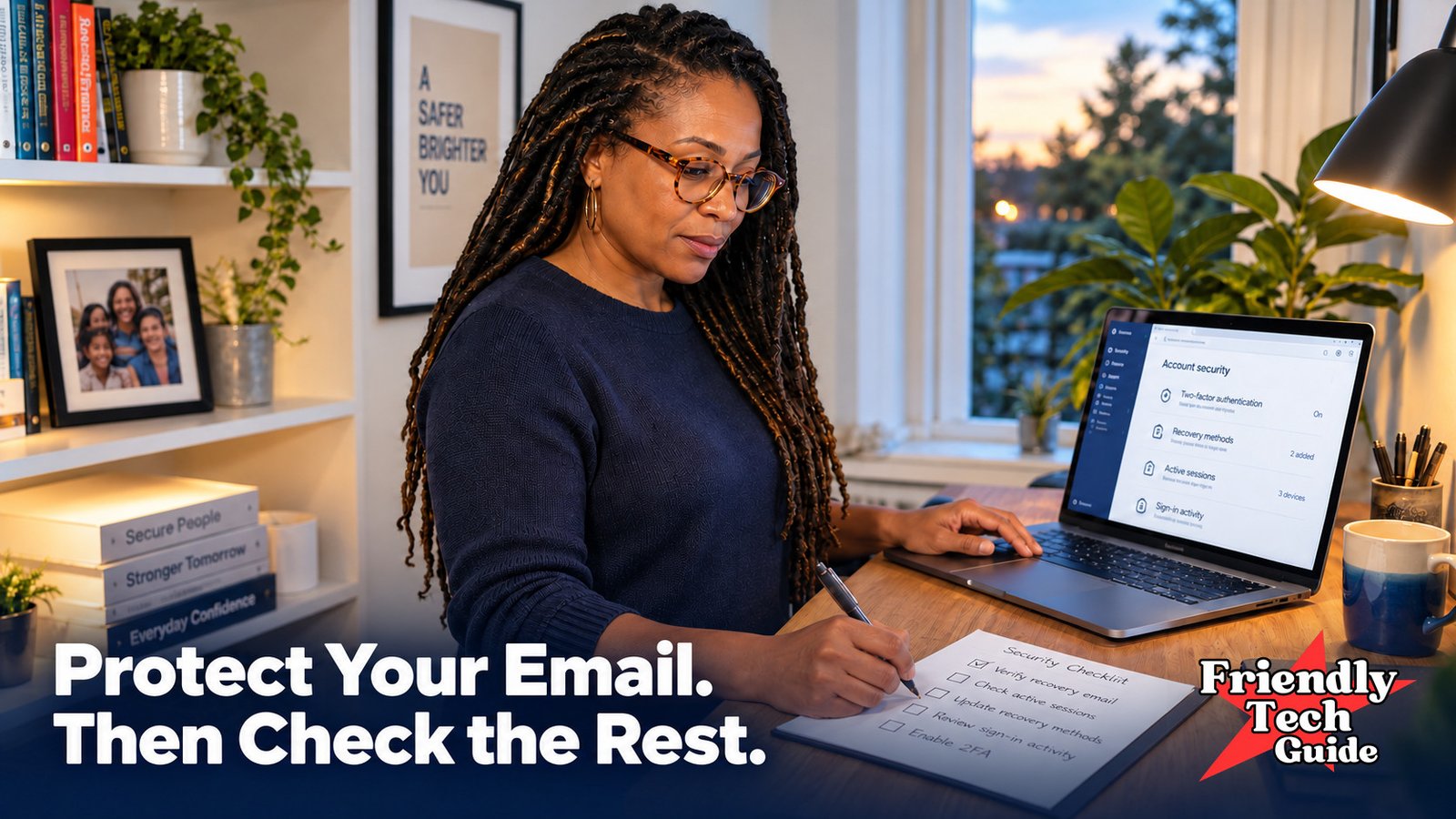 Woman writing a security checklist beside a laptop showing account settings. Text: Protect Your Email. Then Check the Rest.