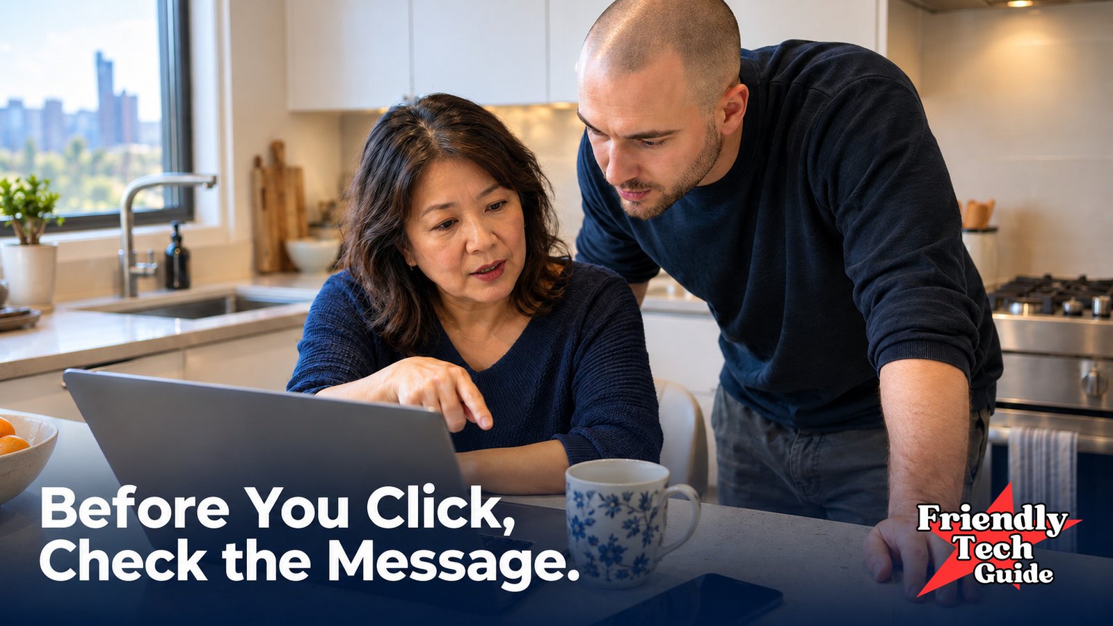 Two adults reviewing a laptop screen together in a kitchen. Text: Before You Click, Check the Message.