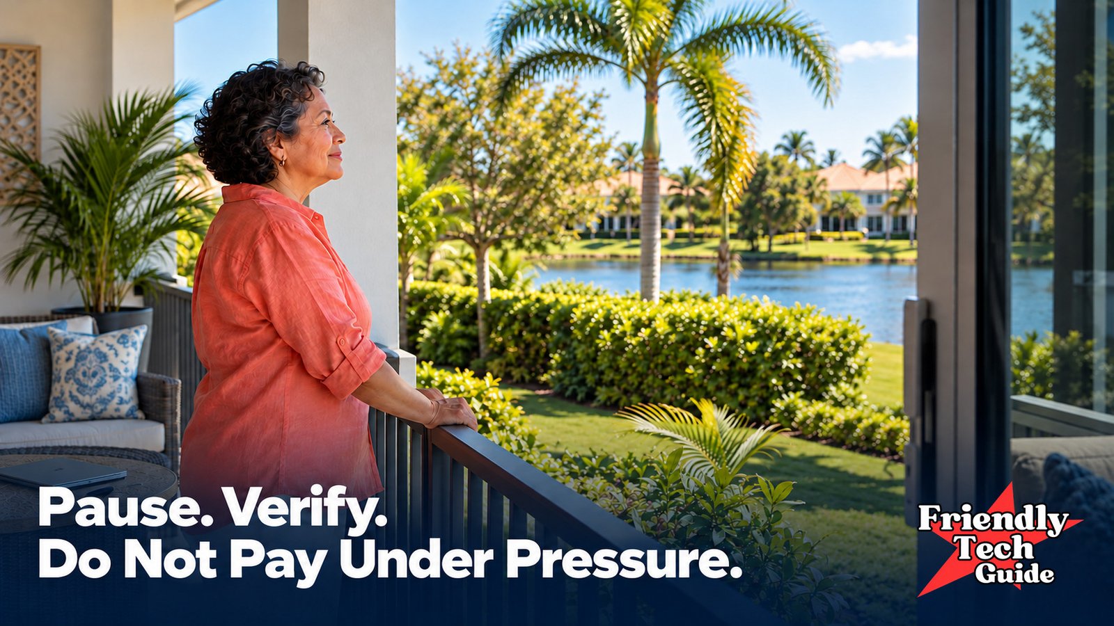 Woman standing on a porch overlooking a lake, away from a closed laptop. Text: Pause. Verify. Do Not Pay Under Pressure.