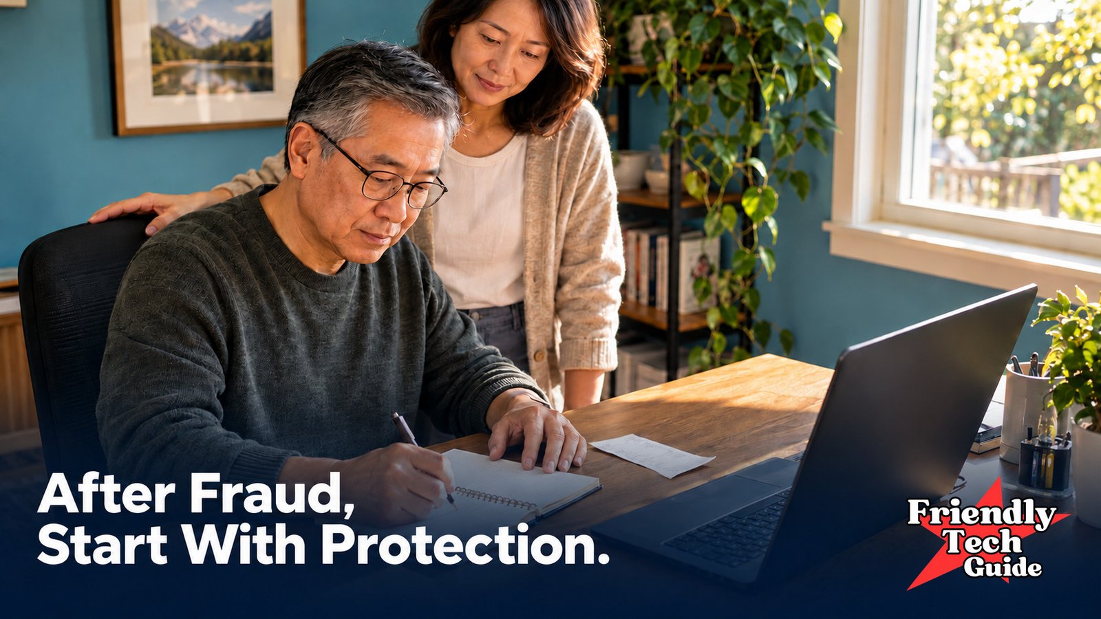 Man writing in a notebook beside a laptop, with a woman standing next to him. Text: After Fraud, Start With Protection.