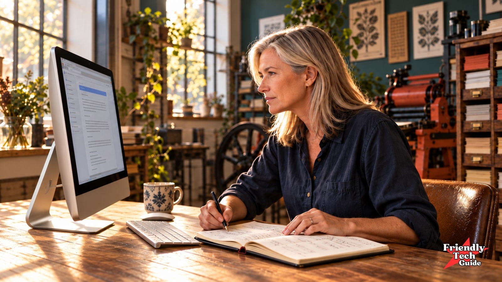 A woman writes in an open notebook beside a desktop screen in a print workshop.