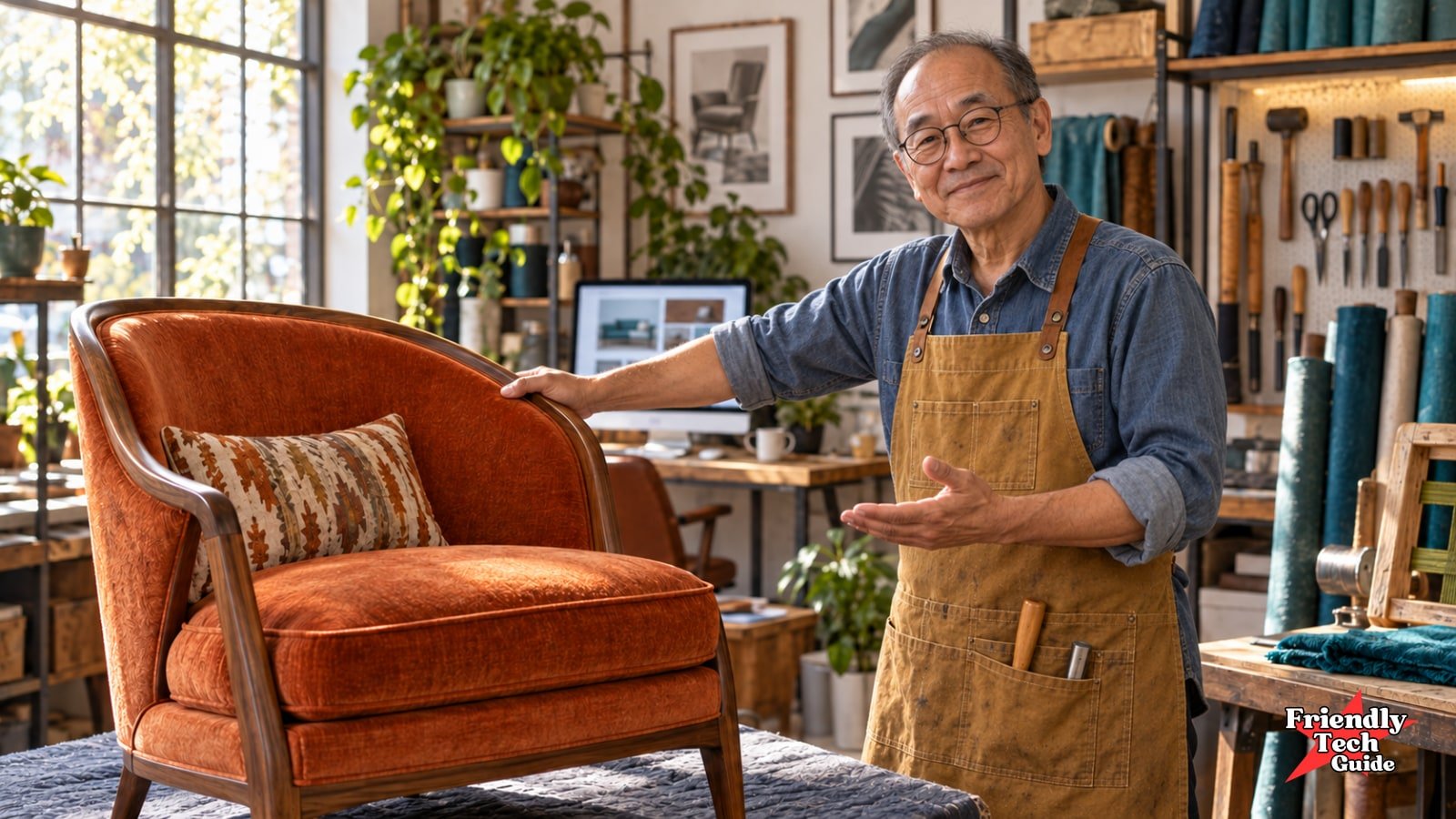 An older craftsperson presents an orange upholstered chair in a workshop.