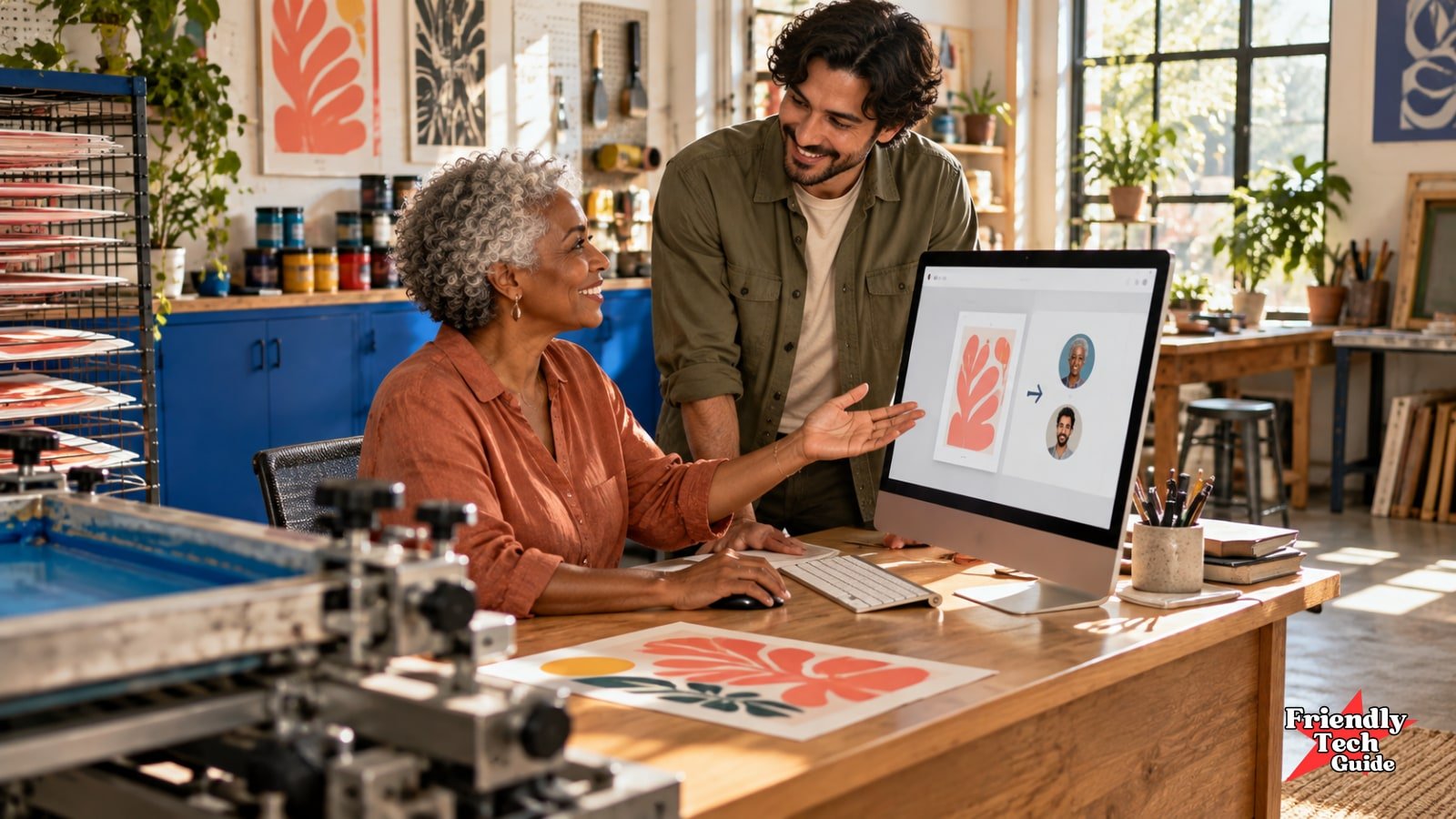 Two people in a print studio look at artwork, an arrow and two recipient portraits on a desktop screen.