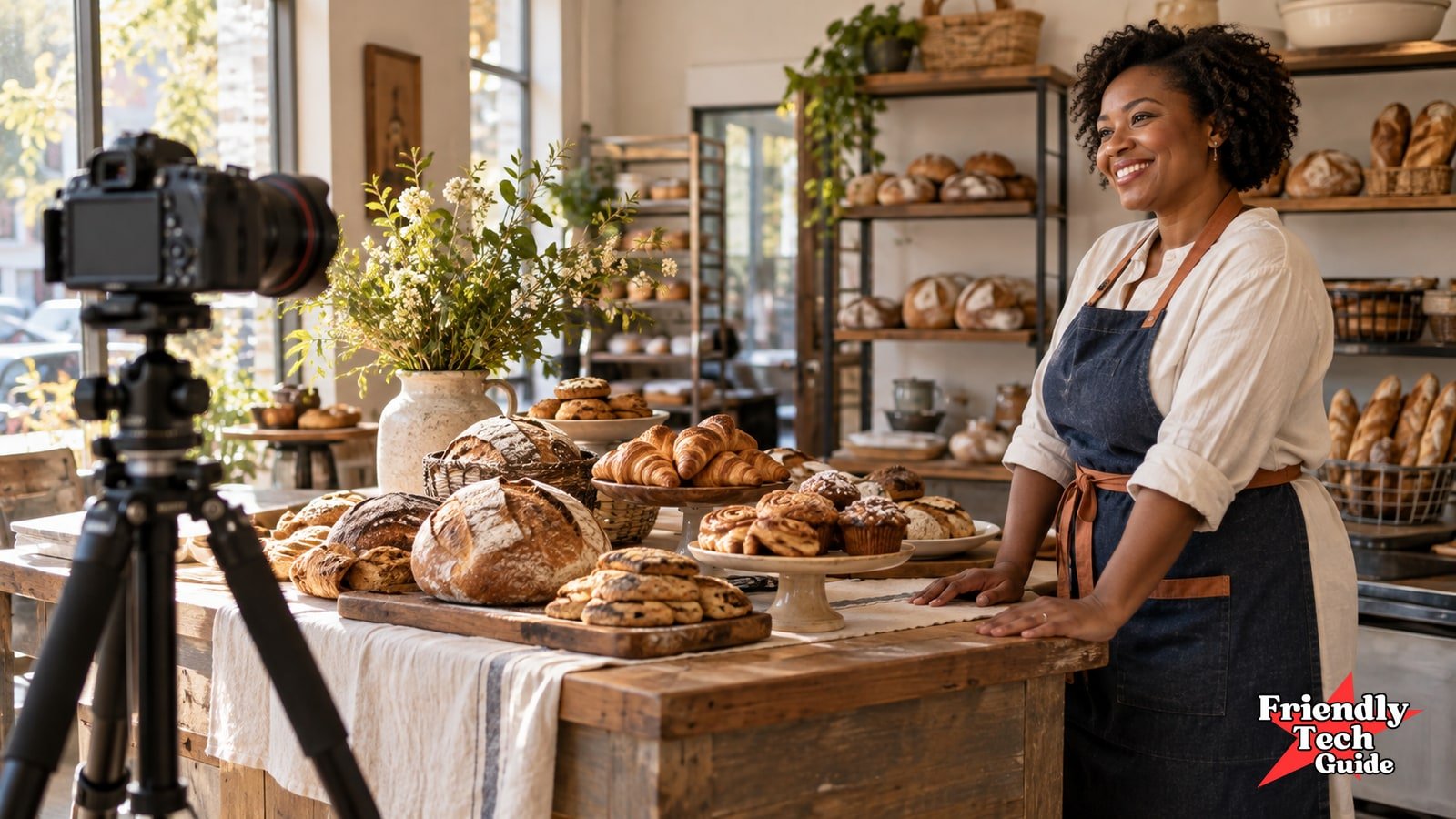 A bakery owner poses beside breads and pastries while a camera stands on a tripod in the foreground.