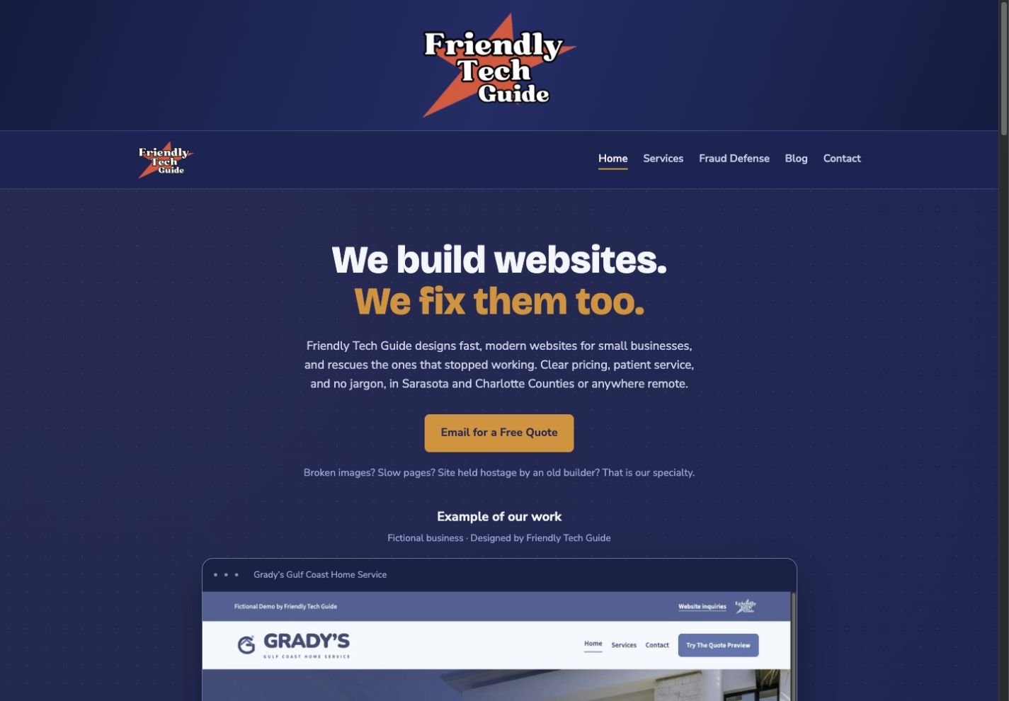 The Friendly Tech Guide homepage, showing its website design services and demonstration site